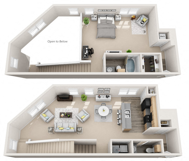 Floor plan for 1 bed, 1.5 baths, 1310 sqft